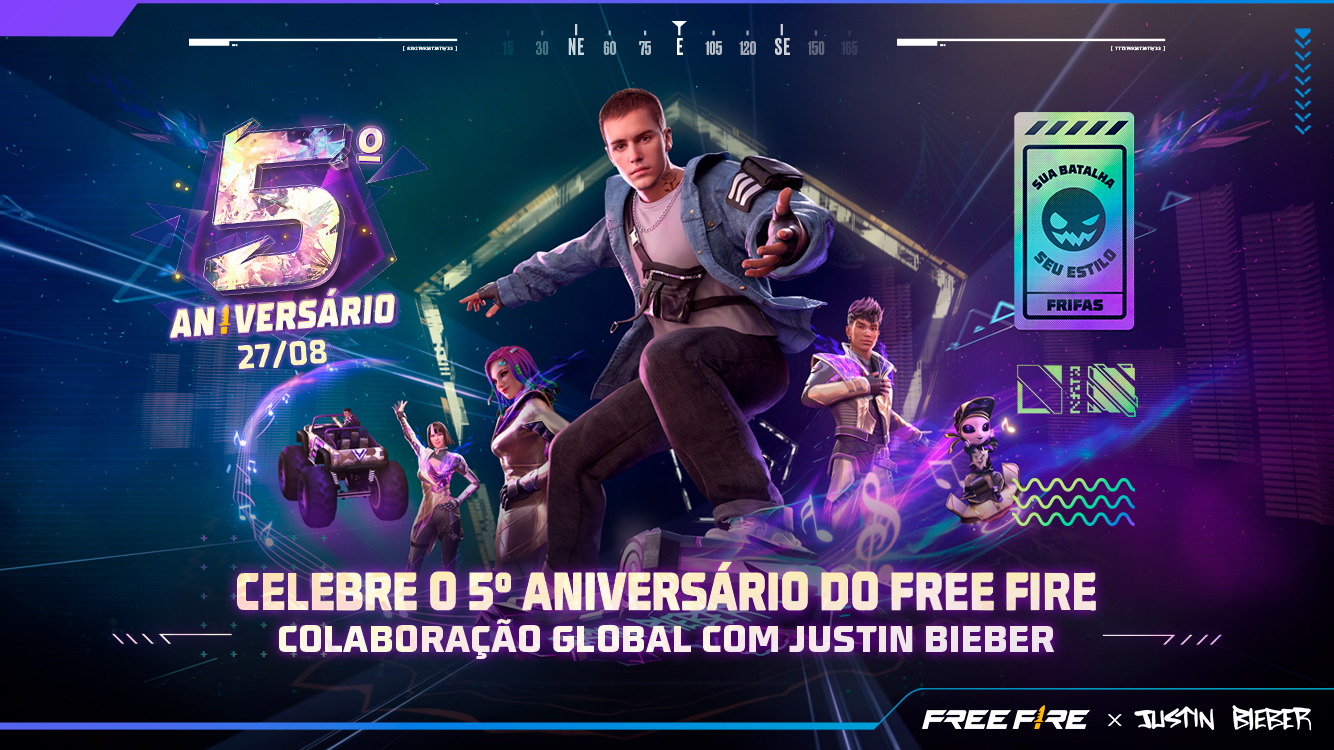 Free Fire celebra 5 anos em evento com Justin Bieber