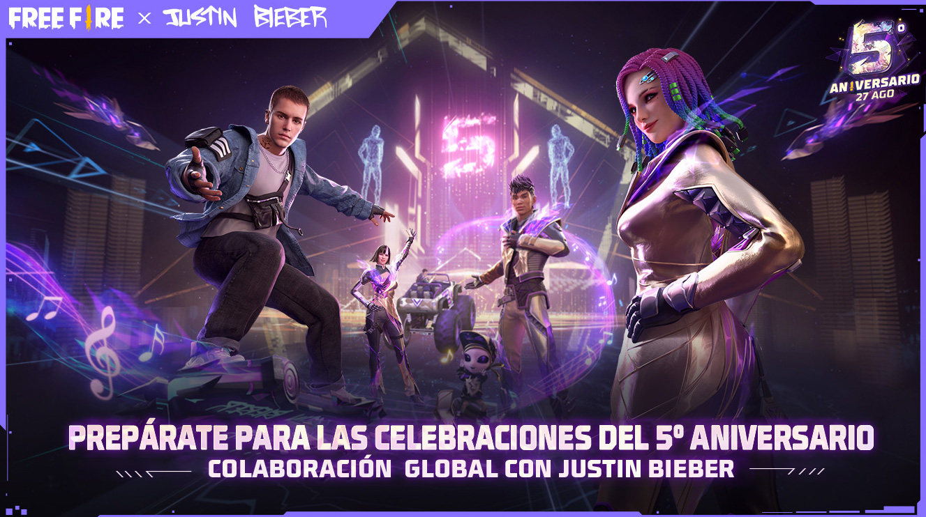 Prepárate para las celebraciones del 5º Aniversario de Free Fire con Justin Bieber