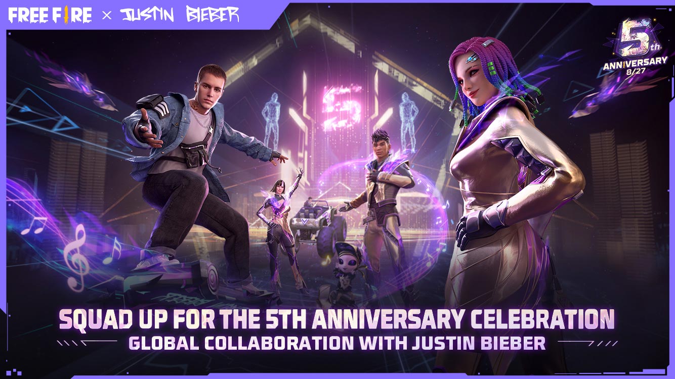 Gear up for Free Fire’s 5th anniversary celebrations with Justin Bieber